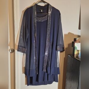 R & M Richards Navy Sleeveless Dress & Jacket with Sheer and Silver Accents